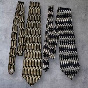 Lot 2 Pierre Cardin Silk Ties Mens Geometric Gold Black USA Made XL Long Vintage